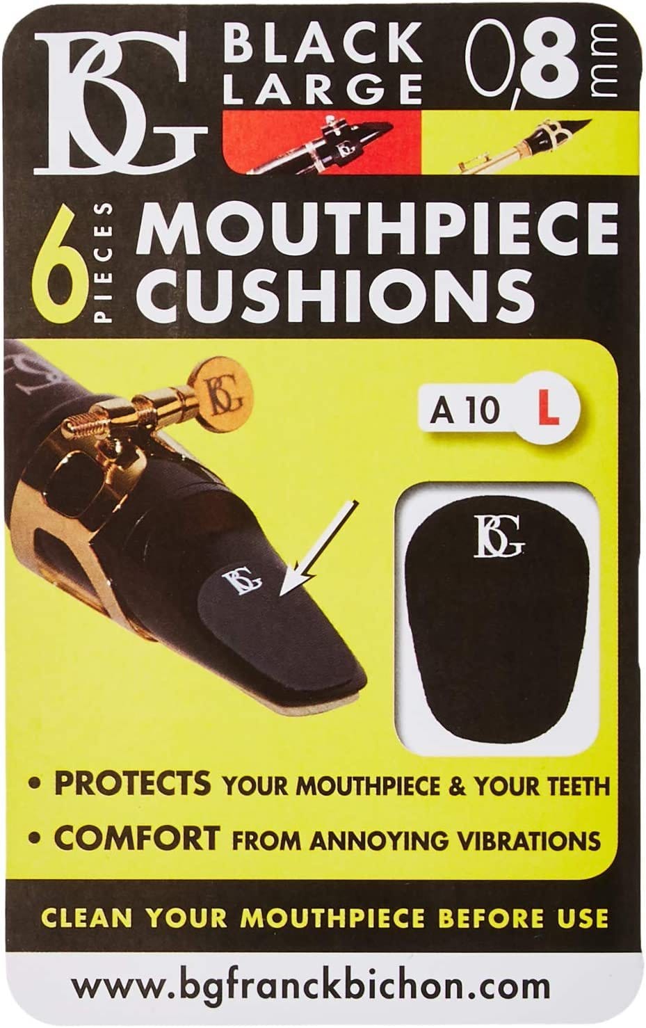 BG A10L Large Mouthpiece, 0.8mm Patches, 6 Pack - Black