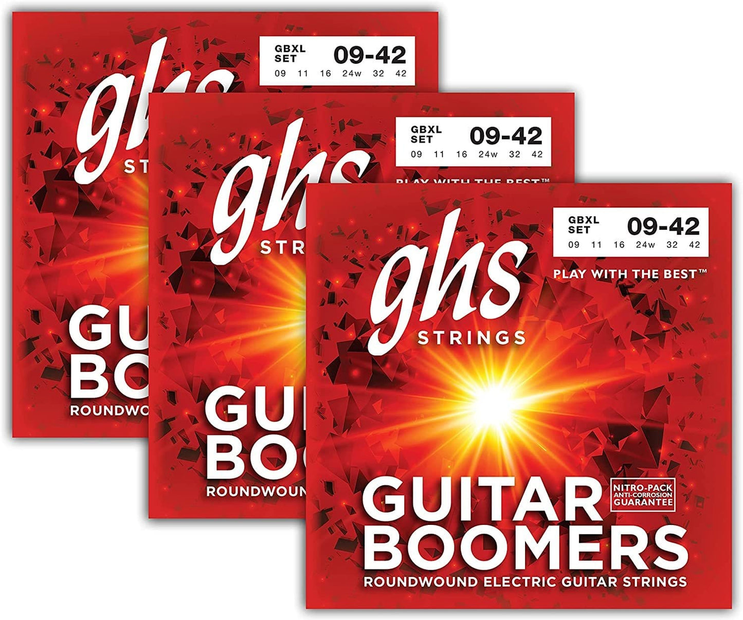 GHS STRINGS - GUITAR BOOMERS GBXL (Extra Light) - 009-042 - (3 PACK) Electric Guitar Strings