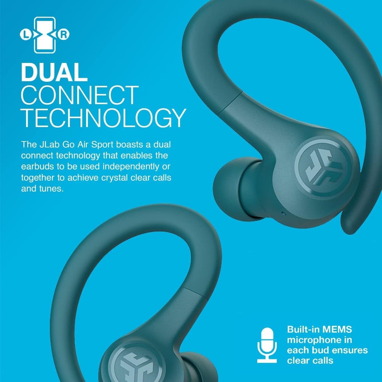 JLab Go Air Sport, Wireless Workout Earbuds Featuring C3 Clear Calling, Secure Earhook Sport Design, 32+ Hour Bluetooth Playtime, and 3 EQ Sound Settings