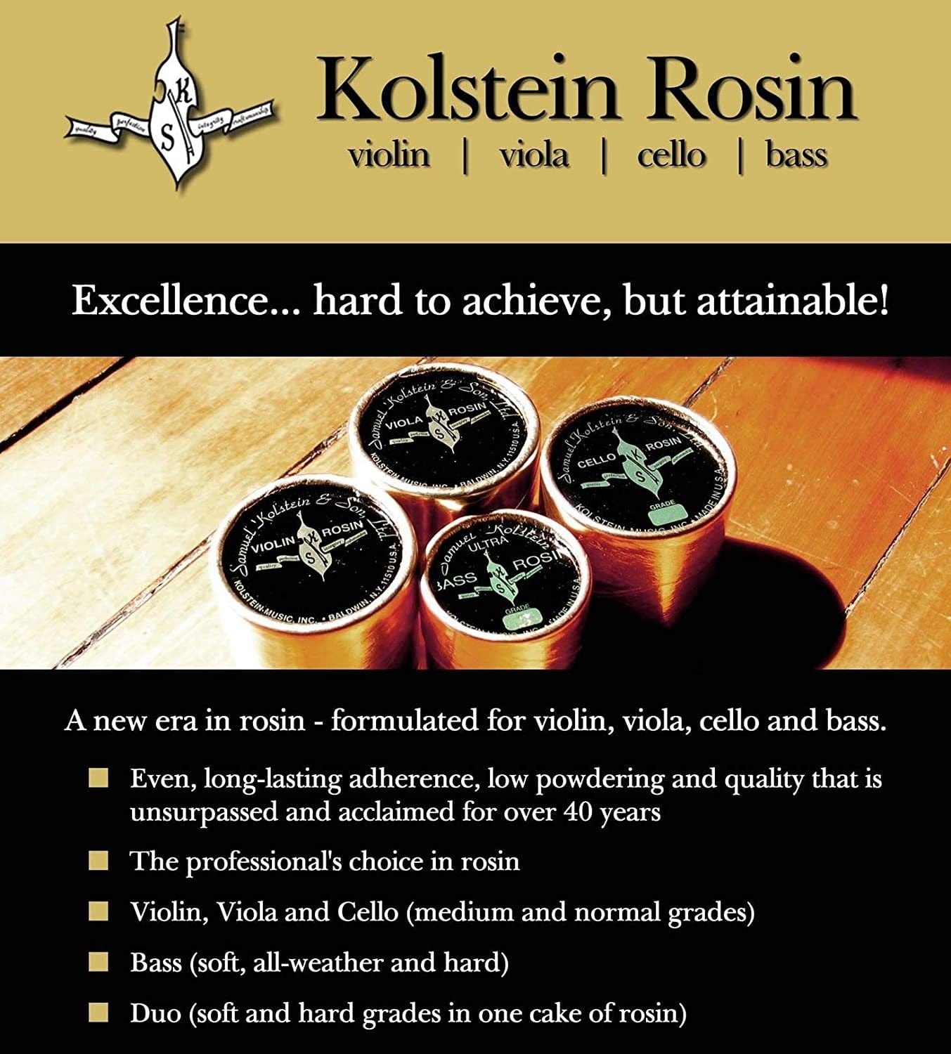 Kolstein Ultra Formulation Supreme Bass Rosin Hard KR-013 Low Powdering and Smooth, Easy Bowing Rosins, Resin